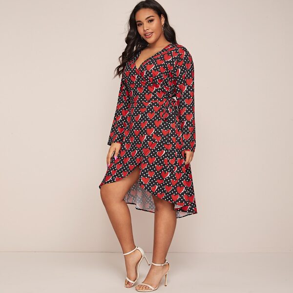 

Plus Polka Dot & Heart Print Wrap Dress, Multicolor