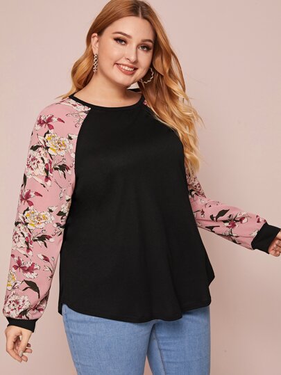 Plus Floral Print Raglan Sleeve Tee