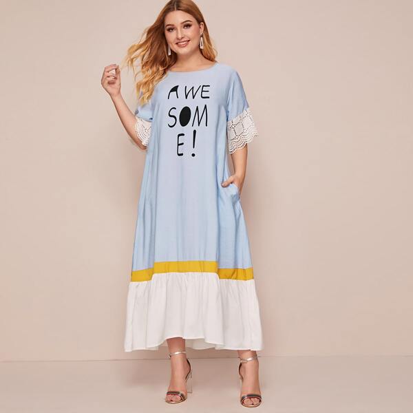 

Plus Letter Graphic Ruffle Hem Dress, Multicolor