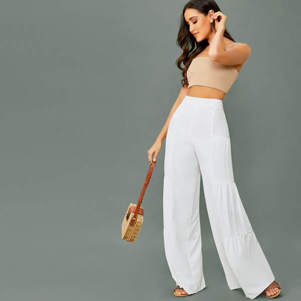 

Shirred Wide Leg Palazzo Pants, White
