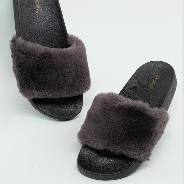 

Faux Fur Open Toe Footbed Slide Sandals, Black