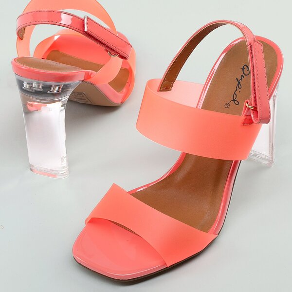 

Open Toe Velcro Slingback Clear Lucite Heels, Coral pink