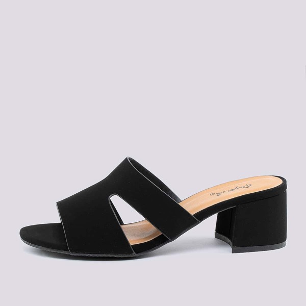 

Dual Cut Out Open Toe Low Block Heel Mules, Black
