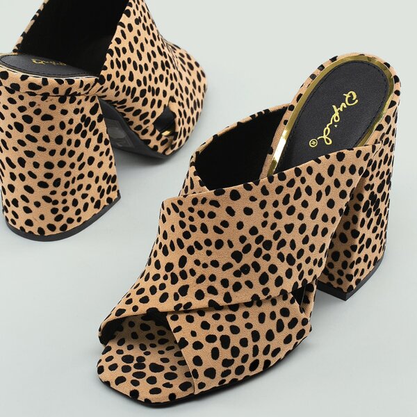 

Leopard Cross Band Square Toe Chunky Heel Mules, Multicolor