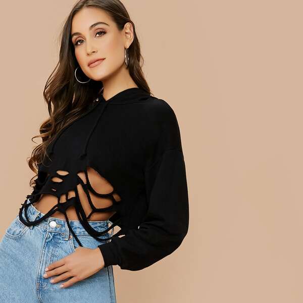 

Drawstring Hood Shredded Pullover Sweatshirt, Black