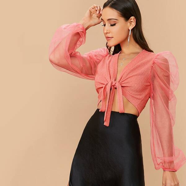 

Sheer Mesh Sleeve Knotted Crop Top, Pink