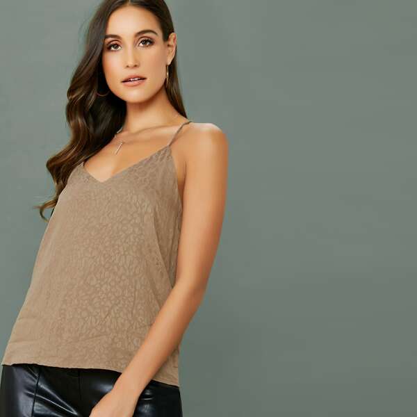 

V-Neck Leopard Jacquard Sleeveless Tank Top, Khaki