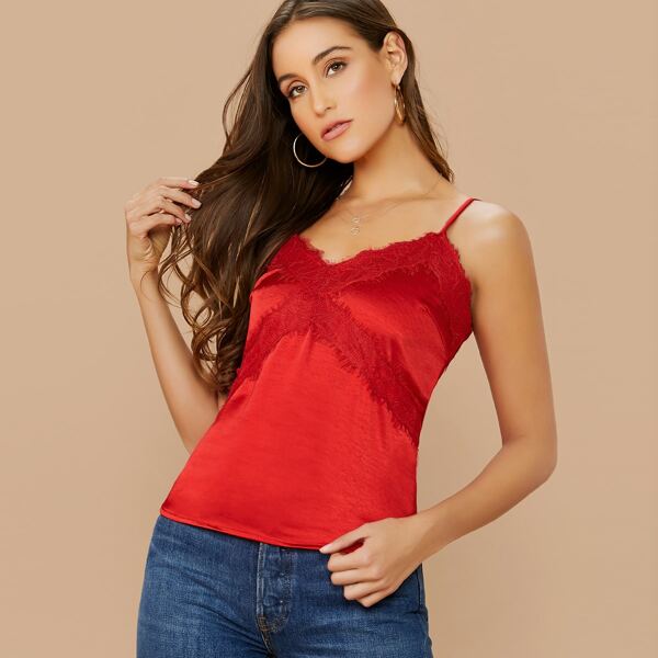 

Sleeveless Lace Trim Satin Cami, Red