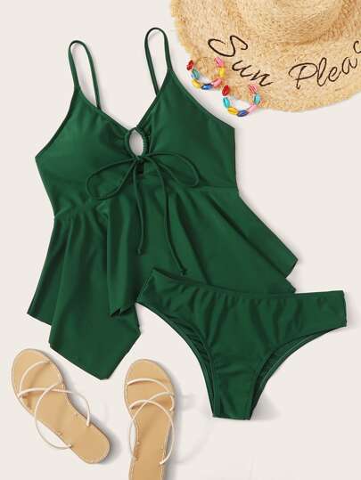 Tie Front Asymmetrical Hem Tankini