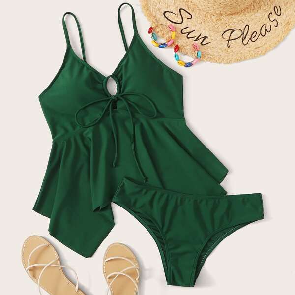 

Tie Front Asymmetrical Hem Tankini, Green