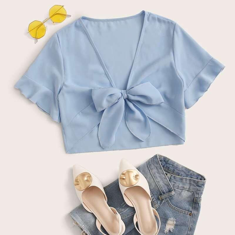 

Tie Front Ruffle Hem Top, Blue