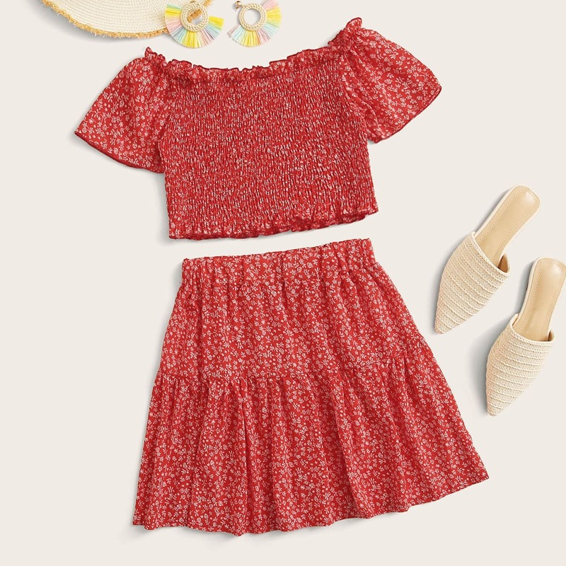 

Ditsy Floral Shirred Top & Skirt, Red