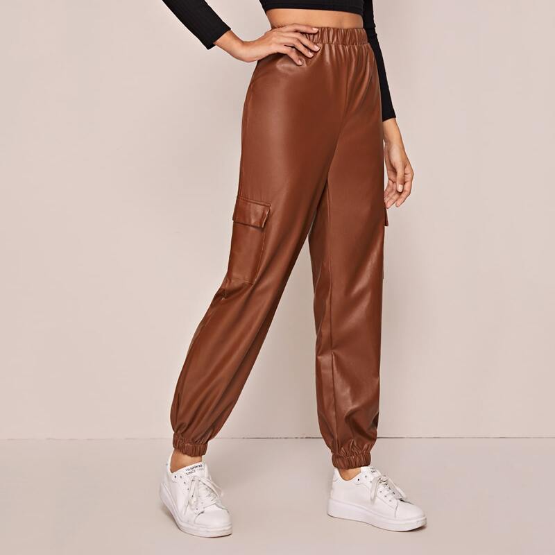 

Elastic Waist Flap Pocket PU Cargo Pants, Brown