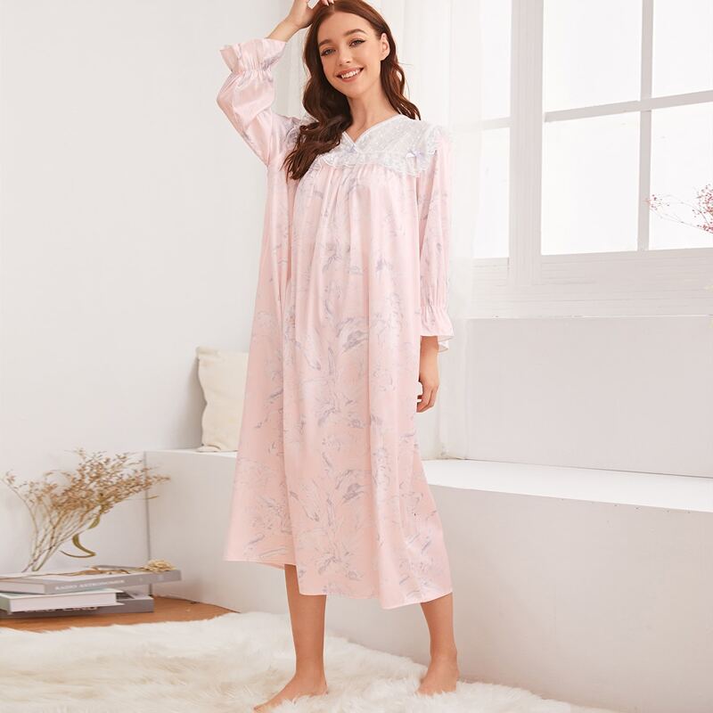 

Floral Print Contrast Lace Satin Night Dress, Pink