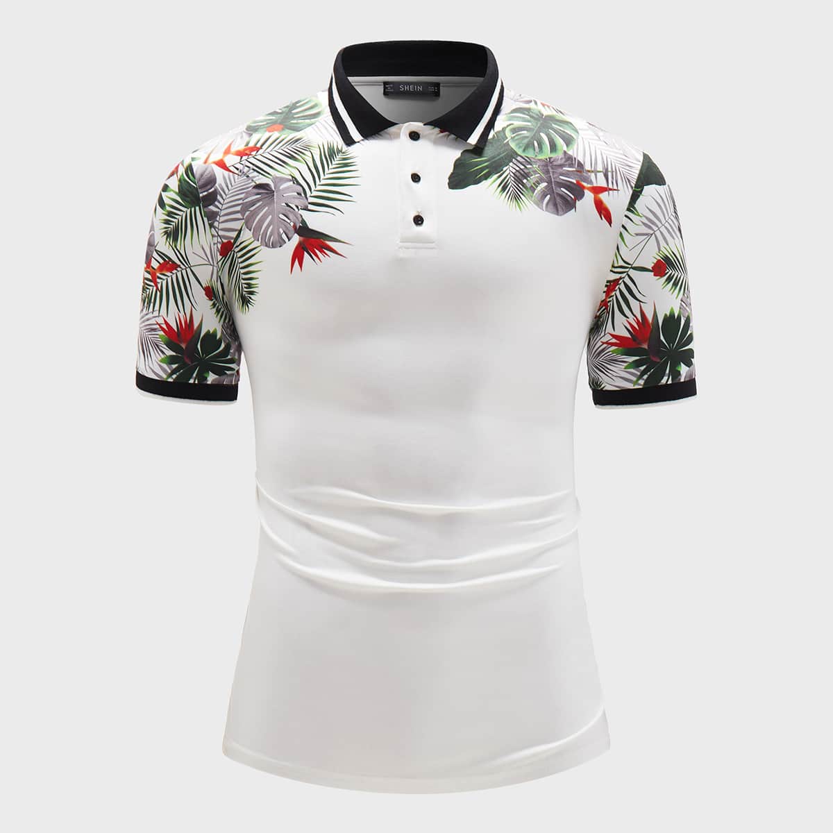 

Guys Contrast Striped Trim Tropical Print Polo Shirt, White