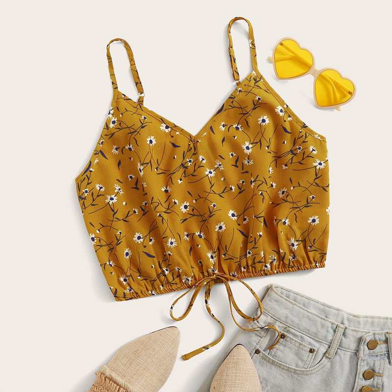 

Floral Drawstring Cropped Cami Top, Yellow