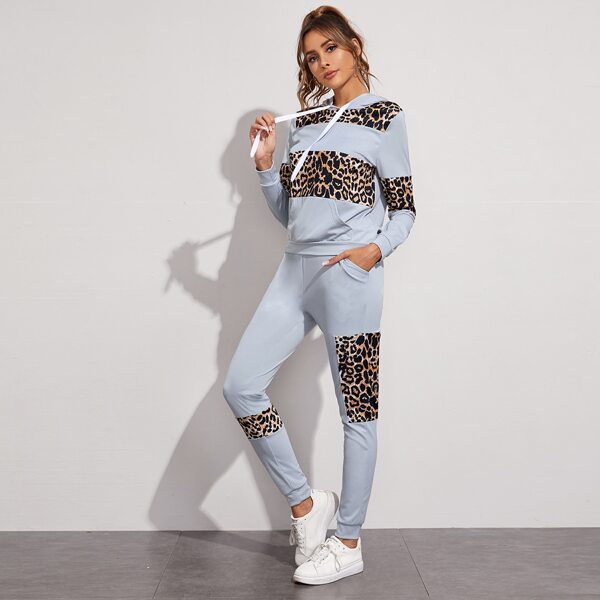 

Contrast Leopard Panel Drawstring Hoodie & Sweatpants, Multicolor