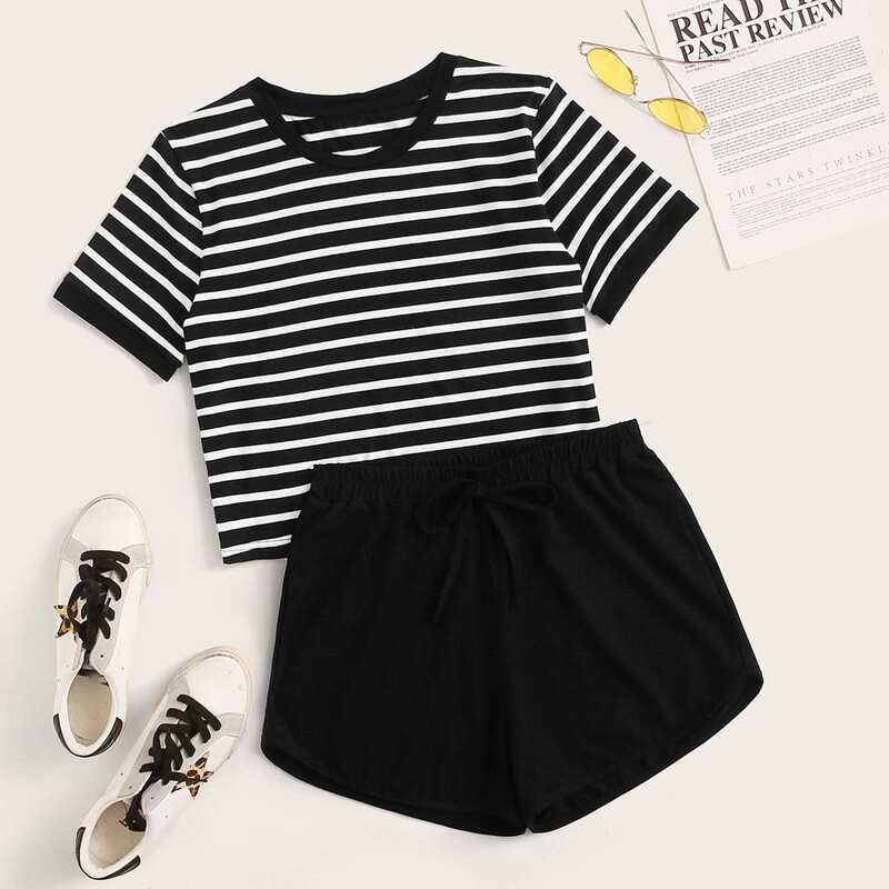

Striped Tee & Black shorts, Black and white