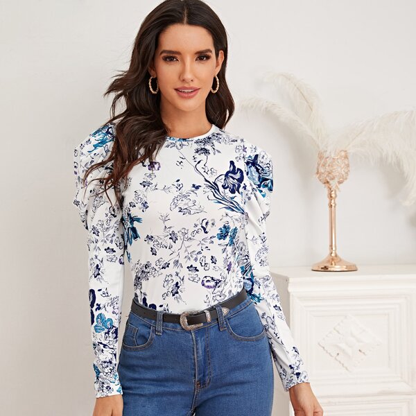 

Gigot Sleeve Floral Print Tee, White
