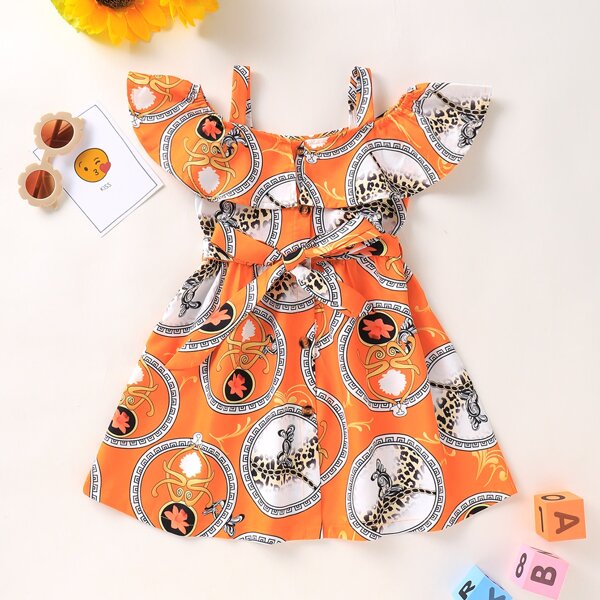 

Toddler Girls Graphic Print Cold Shoulder Belted A-line Dress, Orange