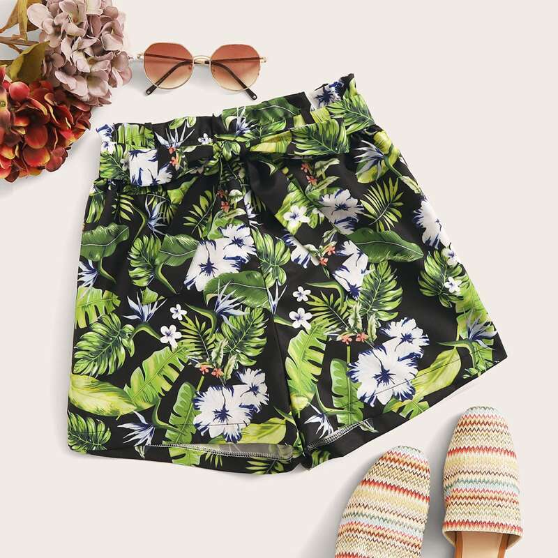 

Tropical Print Self Tie Shorts, Multicolor