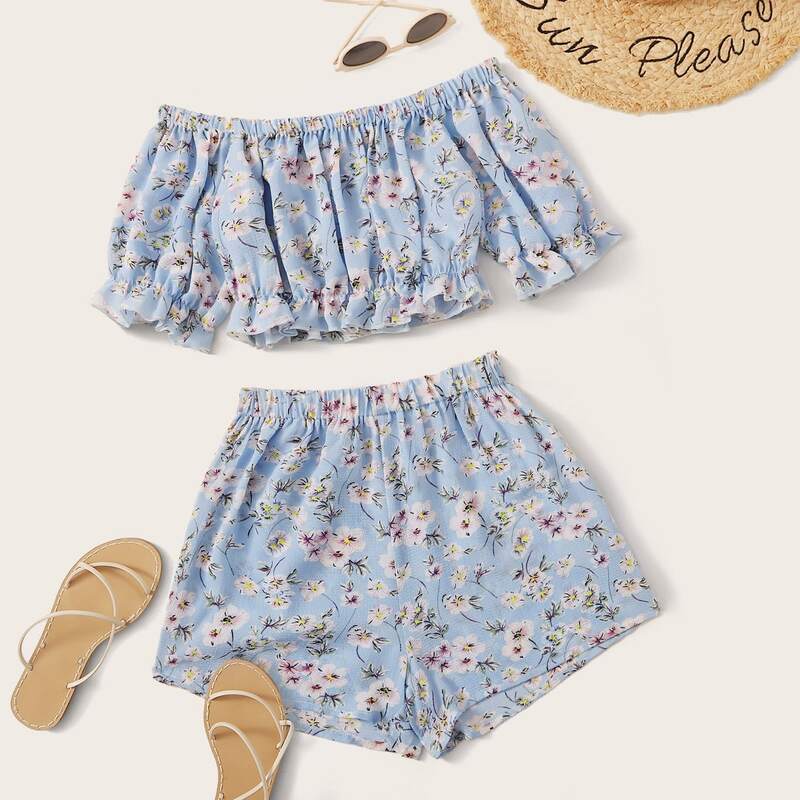 

Floral Frill Trim Top & Shorts, Multicolor