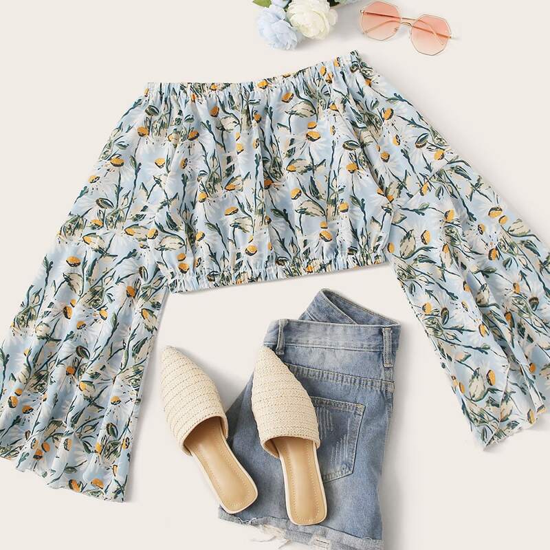

Floral Print Flounce Sleeve Top, Multicolor