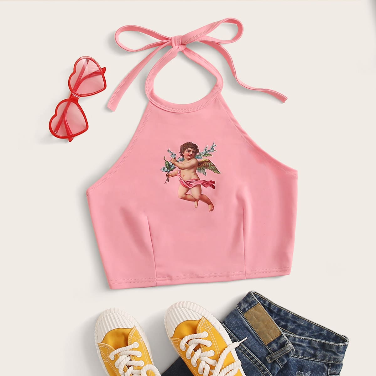 

Angel Print Halter Top, Pink