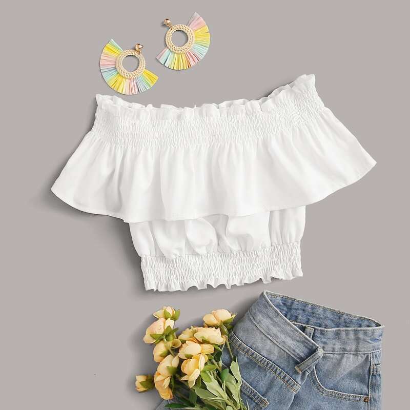 

Off The Shoulder Ruffle Hem Top, White