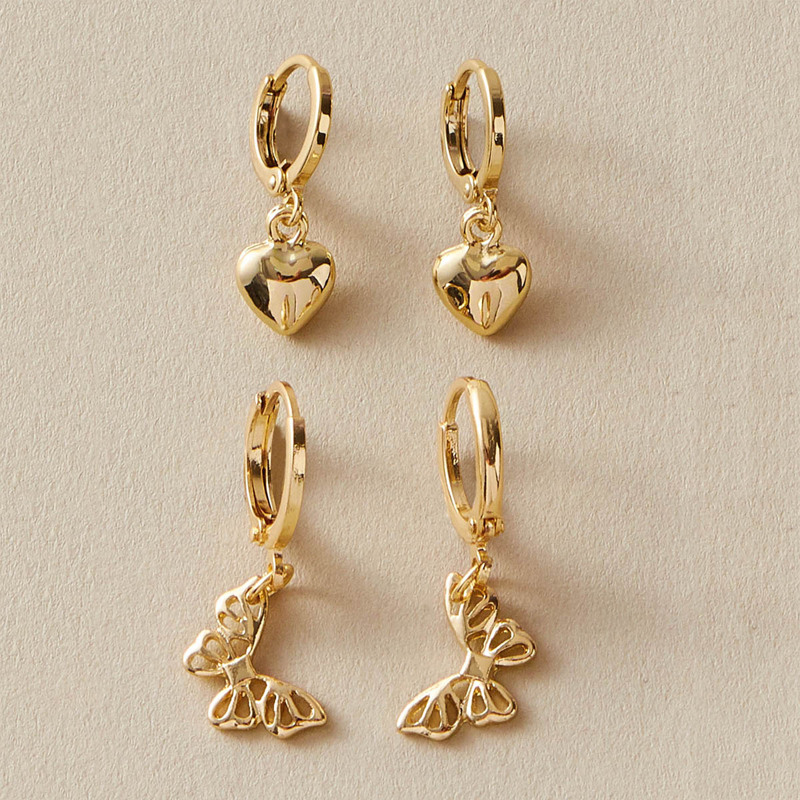 

2pairs Butterfly & Heart Drop Earrings, Gold