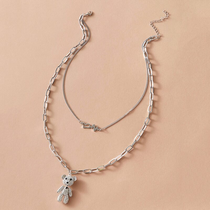 

1pc Rhinestone Engraved Bear Pendant Layered Chain Necklace, Silver