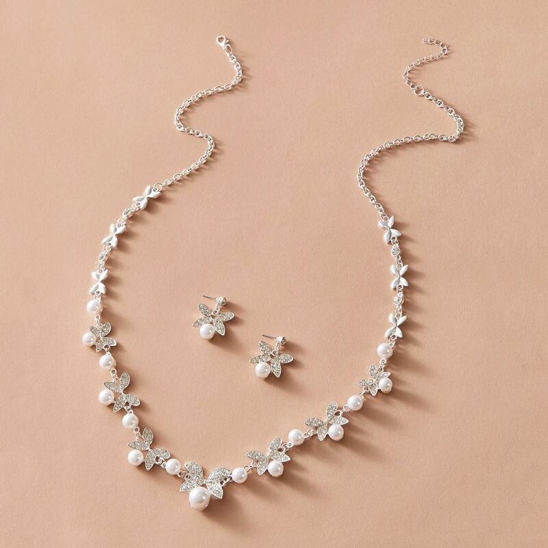 

1pc Rhinestone & Pearl Decor Necklace & 1pair Earrings