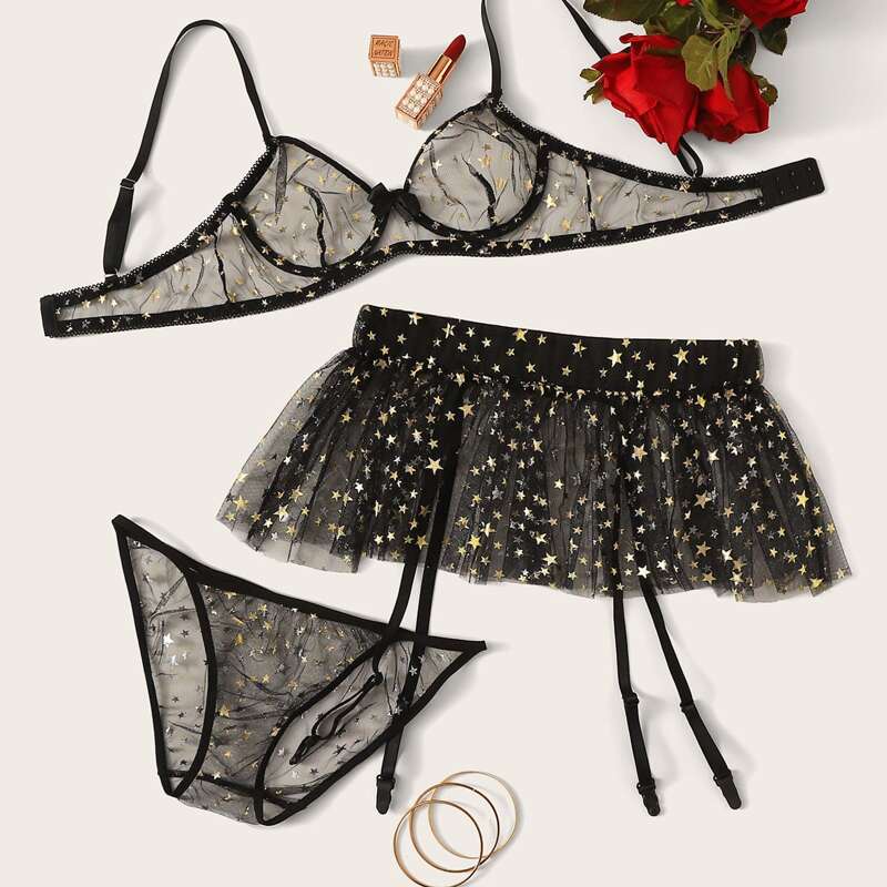 

Star Appliques Underwire Garter Mesh Lingerie Set, Black