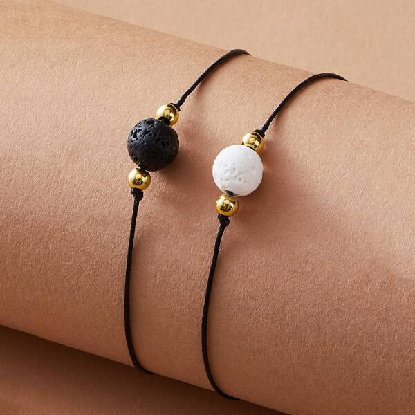 

2pcs Stone Decor String Bracelet, Black and white