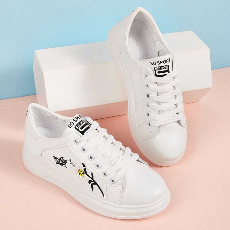 

Floral Embroidery Lace-up Front Sneakers, White