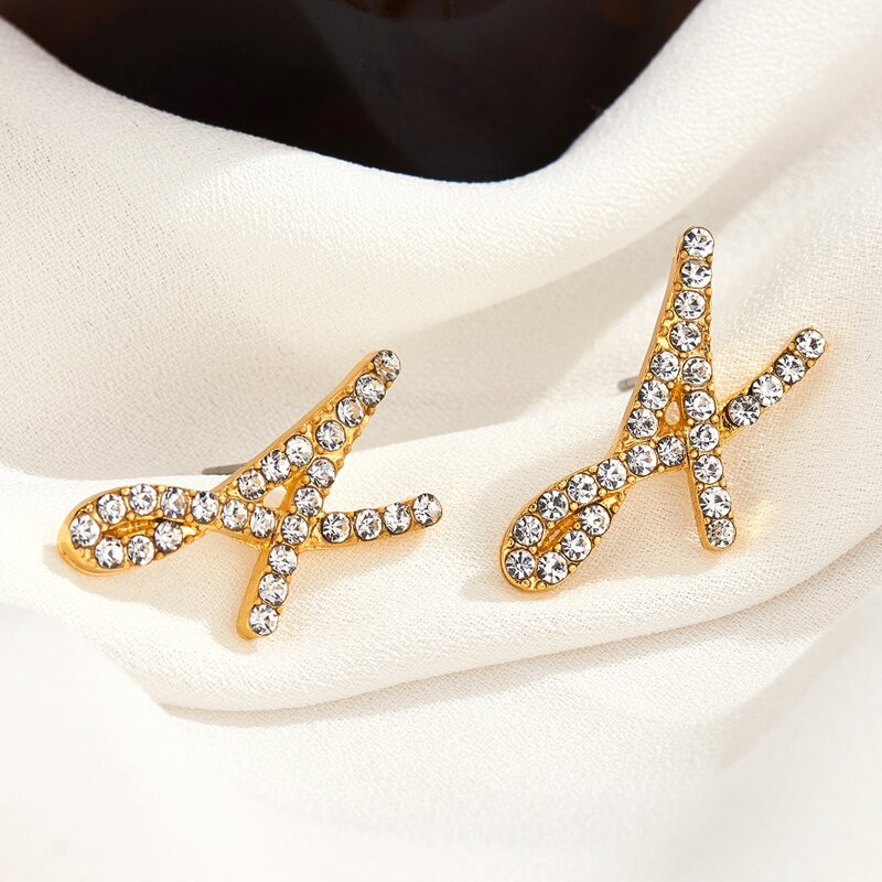 

1pair Rhinestone Engraved Letter Stud Earrings, Gold