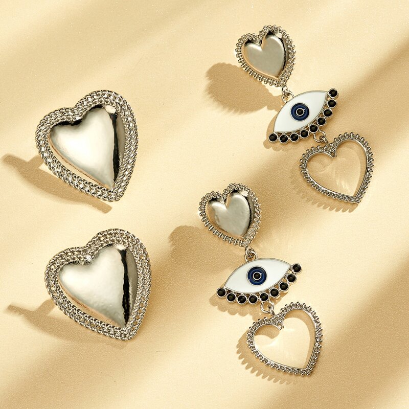 

2pairs Heart & Eye Decor Earrings, Silver