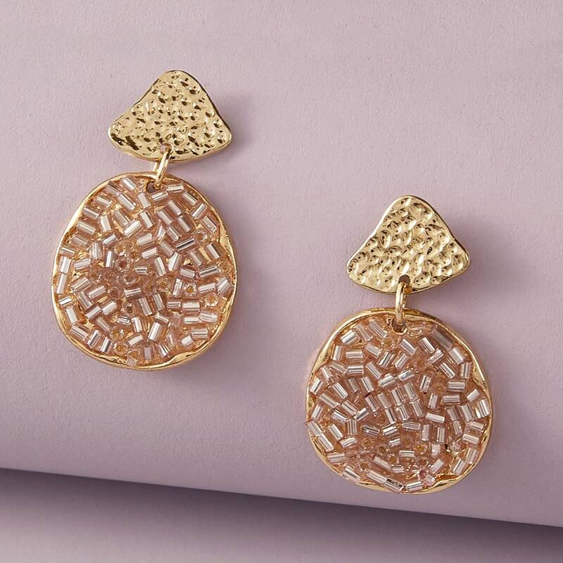 

1pair Beaded Round Drop Earrings, Gold