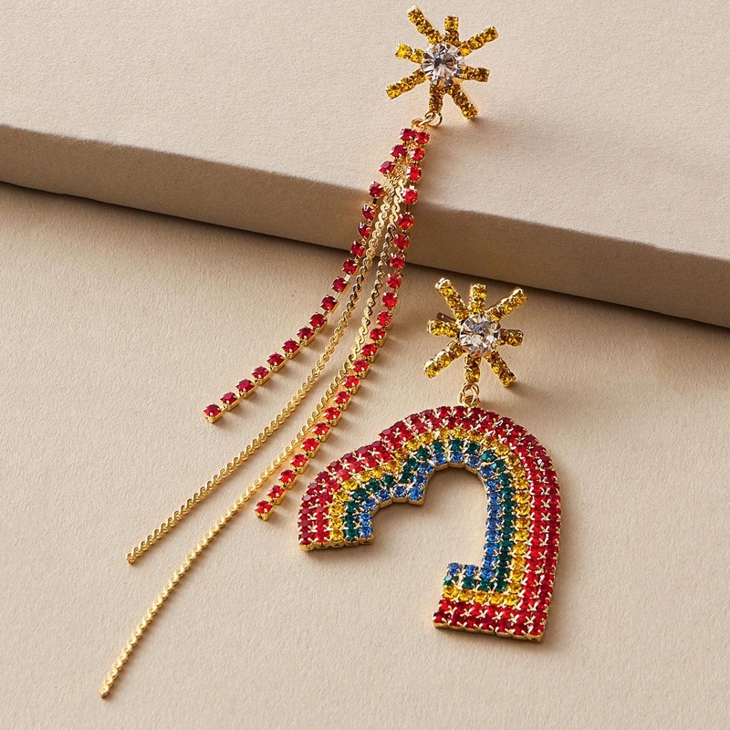 

1pair Rhinestone Engraved Tassel & Heart Mismatched Drop Earrings, Multicolor