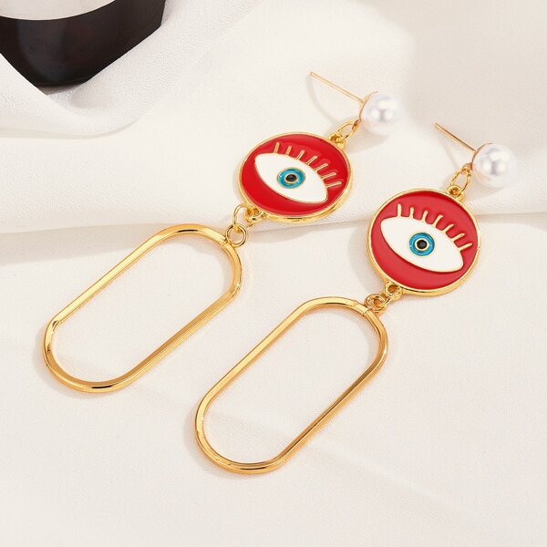

1pair Faux Pearl & Eye Decor Geometric Drop Earrings, Red