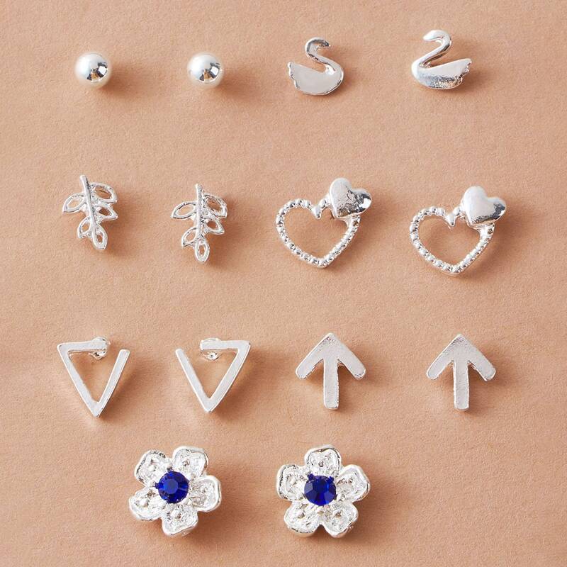 

7pairs Flower & Heart Stud Earrings, Silver