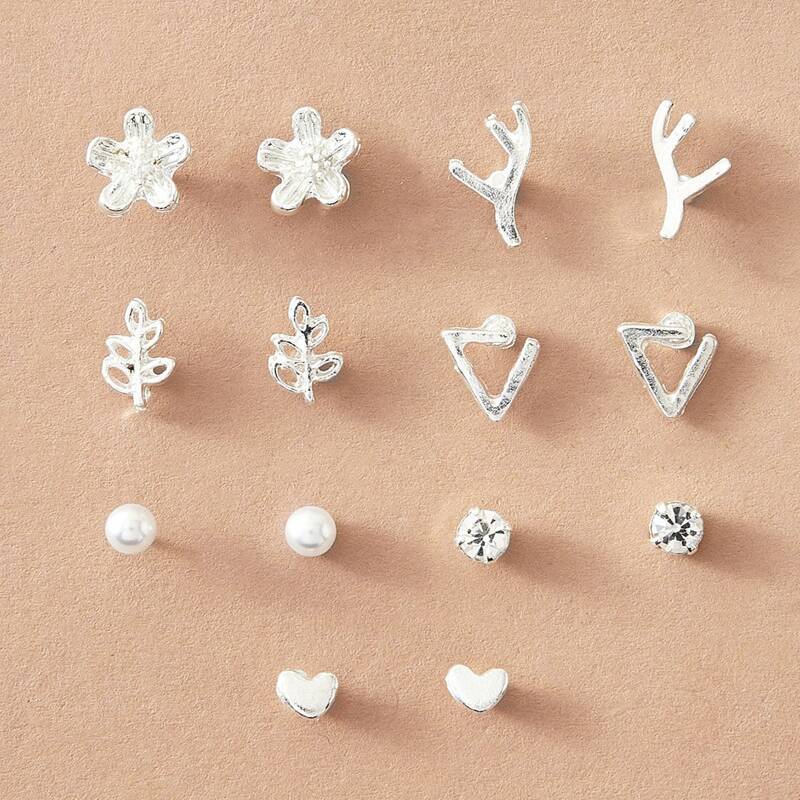 

7pairs Leaf & Flower Stud Earrings, Silver