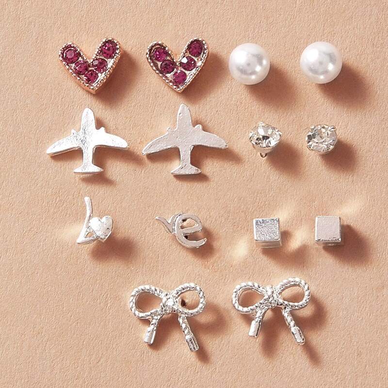 

7pairs Faux Pearl & Airplane Stud Earrings, Silver
