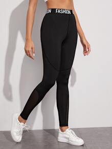SHEIN Letter Tape Running Tights High Stretch Training Tights With Contrast Mesh - Black - View 3