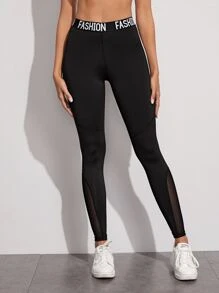 SHEIN Letter Tape Running Tights High Stretch Training Tights With Contrast Mesh - Black - View 5