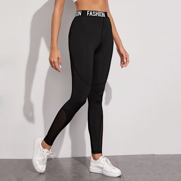 

Letter Tape Mesh Panel Sports Leggings, Black