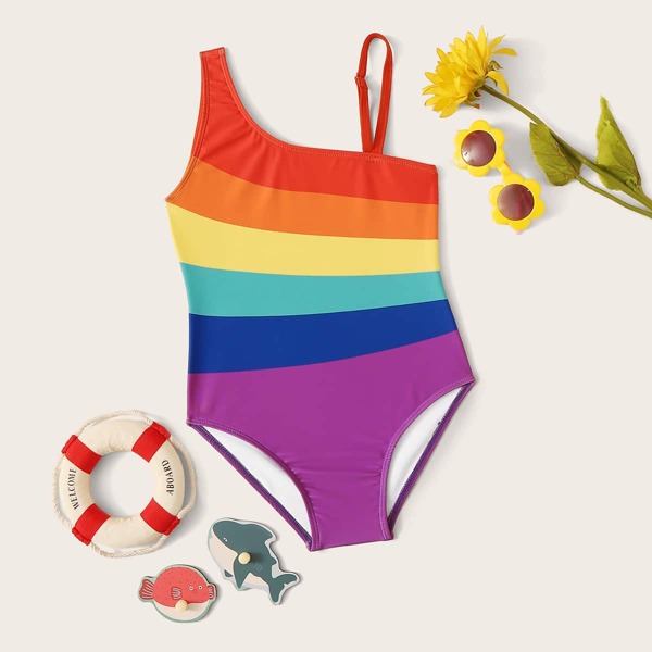 

Girls Rainbow Striped One Shoulder One Piece Swimwear, Multicolor