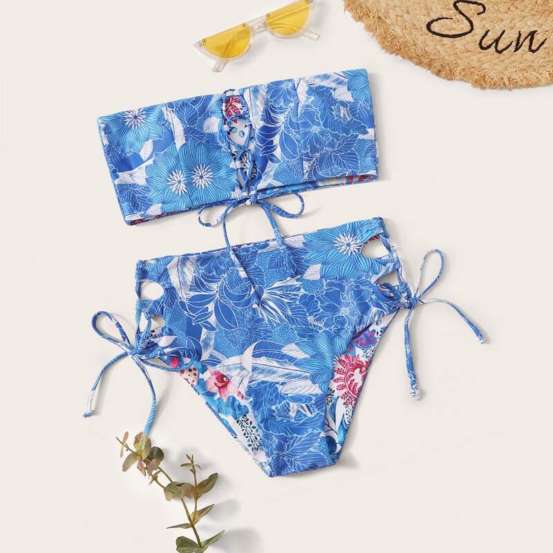 

Tropical Lace-up Front Bandeau High Waisted Bikini Swimsuit, Blue