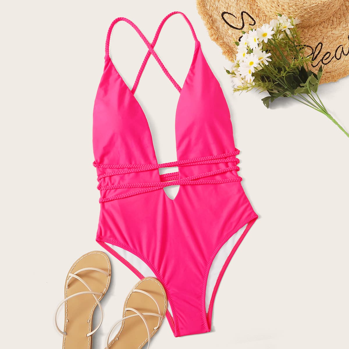 

Tie Back Plunge Neck One Piece Swimsuit, Pink bright