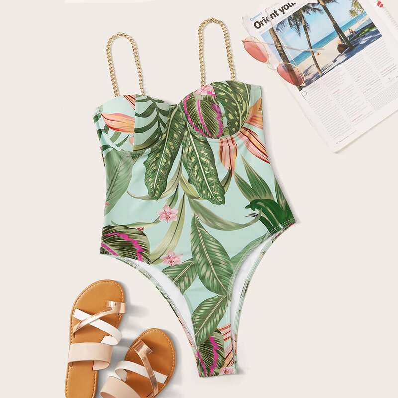 

Tropical Underwired Chain Strap One Piece Swimsuit, Multicolor